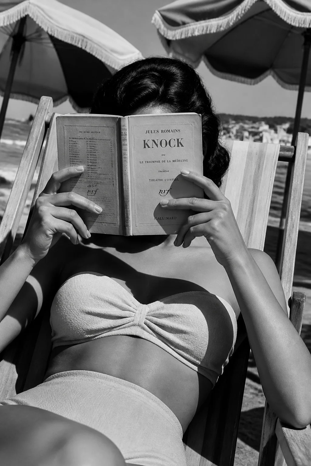 Woman Reading on Beach — B&W Noir