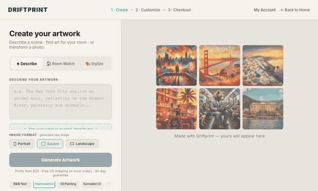 The Driftprint create page