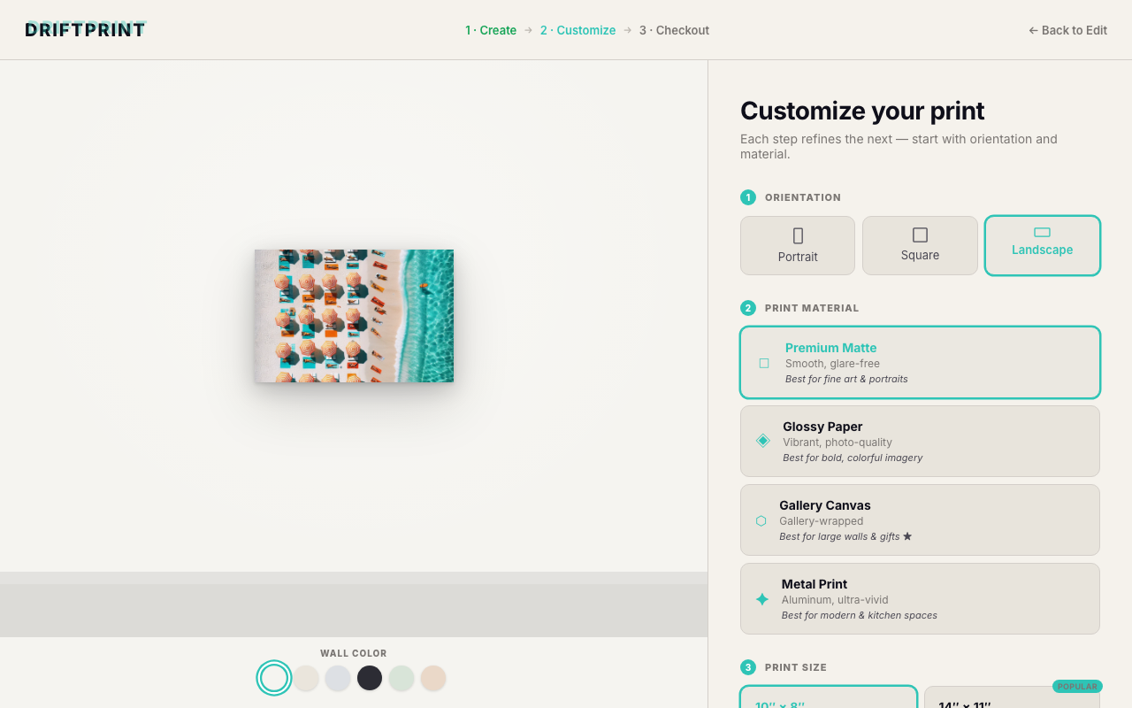 The Driftprint customize page
