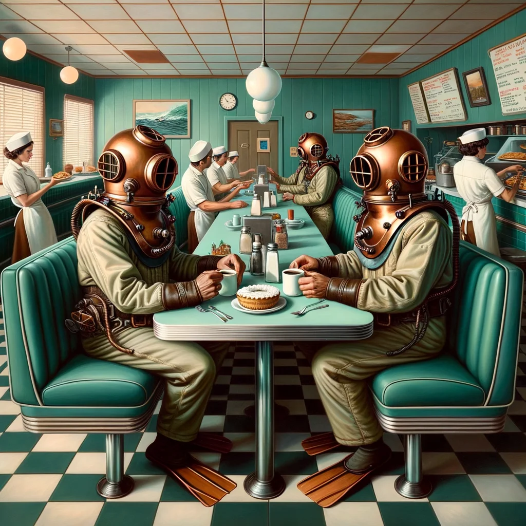 Deep-Sea Divers at a Diner — Surrealist Oil