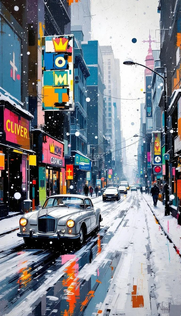 Snowy City Street — Oil Painting